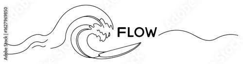 continuous one line drawing of a surfer on a wave with the word flow