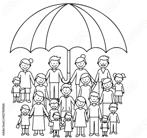 A large community of families and children standing together under a giant umbrella symbolizing protection, safety, and security.