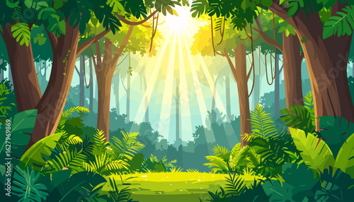 Sunlit Jungle Clearing with Lush Green Foliage, Tall Trees, and Bright Rays of Light.