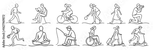 continuous one line drawing set of people in various activities