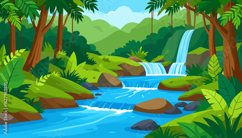 Lush tropical jungle landscape with a cascading waterfall and flowing blue river.