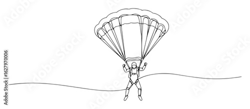 continuous line skydiver descending with parachute vector illustration
