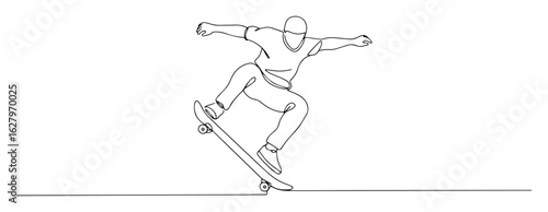 continuous line skateboarder performing trick vector illustration