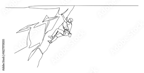 continuous line rock climber scaling cliff vector illustration