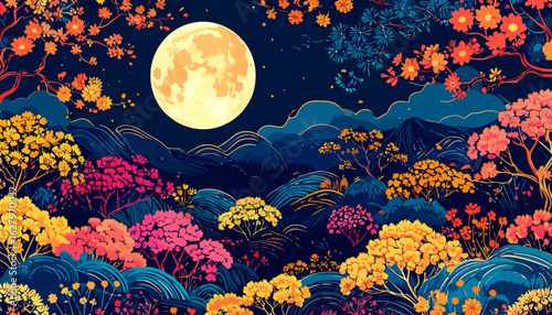 Stylized night landscape with a full moon over a vibrant, colorful forest of blooming trees and mountains.