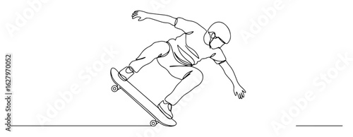 one continuous line drawing of a young man playing skateboard trick