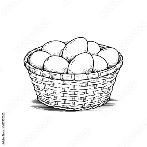 Hand-drawn basket filled with eggs in sketch style  