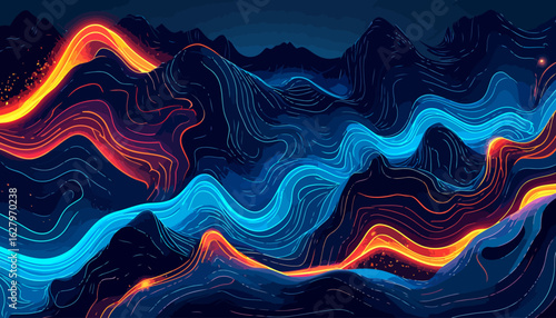 Vibrant abstract landscape with glowing orange and blue energy streams flowing through dark, contoured mountains.