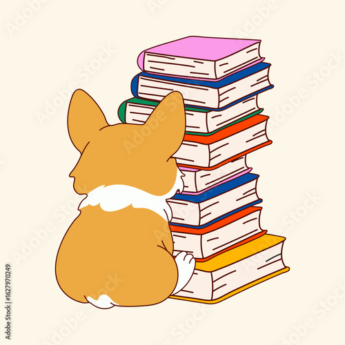 Cute Corgi Puppy Staring at Tall Stack of Books