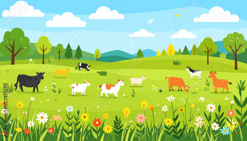 A colorful herd of cartoon cows and goats grazing on a green pasture in a simple, flat vector style.