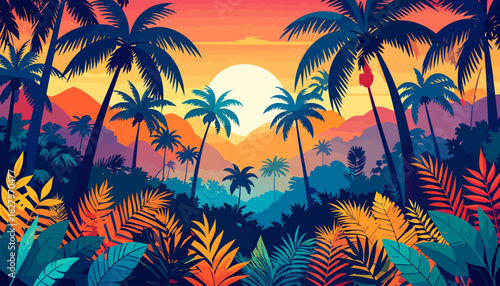 Vibrant tropical sunset illustration with silhouetted palm trees and lush jungle foliage.