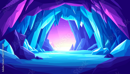 Luminous crystal cave with sharp blue and purple formations glowing from a distant light.