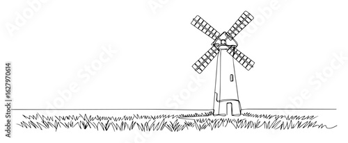 windmill on field vector line illustration