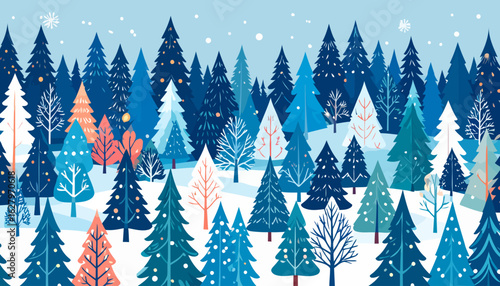 A stylized winter forest illustration with colorful blue, teal, and orange pine and deciduous trees under falling snow.