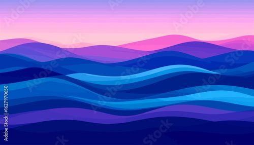 Layered abstract landscape of rolling blue and purple hills under a vibrant pink sky.