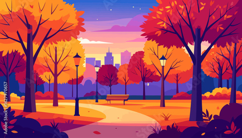 A vibrant autumn city park at dusk with colorful trees, a winding path, and glowing lampposts.