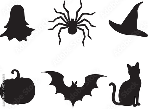 Spooky Halloween icons featuring ghost, spider, bat and more