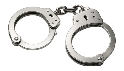 Shiny metal handcuffs connected by a short chain, showcasing a secure locking mechanism on transparent background.