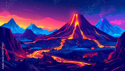 Erupting volcano with glowing lava rivers in a vibrant, stylized mountain landscape at night.