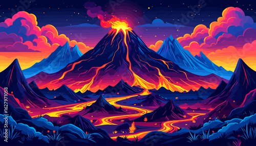 Vibrant illustration of an erupting volcano with glowing lava rivers flowing through a stylized mountain range under a starry night sky.