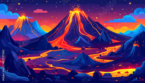 Stylized volcanic landscape with erupting mountains and glowing lava rivers under a colorful, starry night sky.