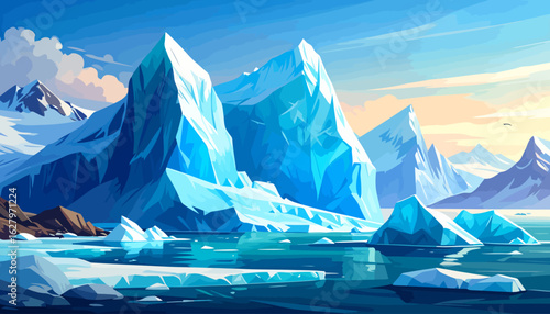 Majestic arctic scene with sharp, crystalline glaciers and icebergs in a frozen ocean.