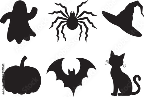 Spooky Halloween silhouettes ghost cat bat spider pumpkin