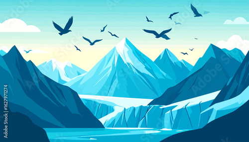 Stylized glacial mountain landscape with soaring birds. A serene, cold scene with icy blue peaks, a flowing glacier, and a fjord in a flat vector art style.