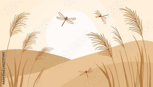 A serene, stylized illustration of dragonflies flying over pampas grass in a warm, monochromatic landscape with a bright sun.