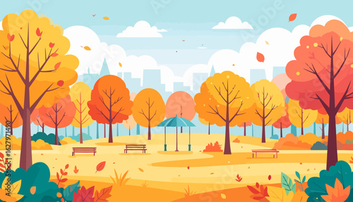 Vibrant autumn city park landscape with colorful trees, empty benches, and falling leaves.