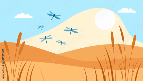 Serene nature scene illustration with blue dragonflies flying over orange hills and brown cattails.