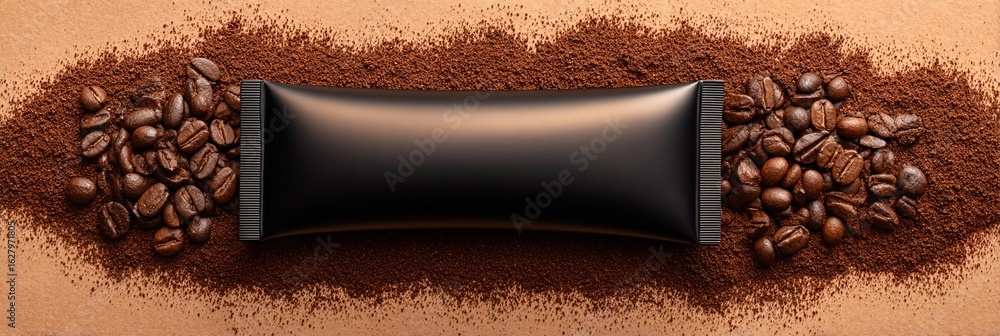 Fototapeta premium Confezione cosmetica nera su caffè macinato e chicchi di caffè