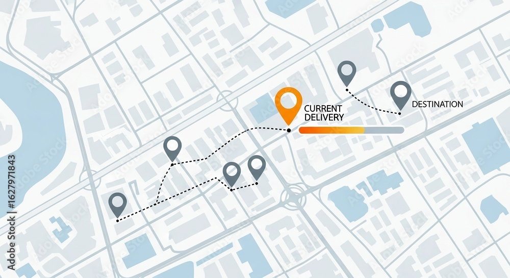 Fototapeta premium Delivery route illustration showing current position and destination on a city map, with a progress bar indicating delivery progress; a concept for logistics, tracking, and e-commerce.