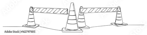 continuous one line drawing of a road barrier with traffic cones