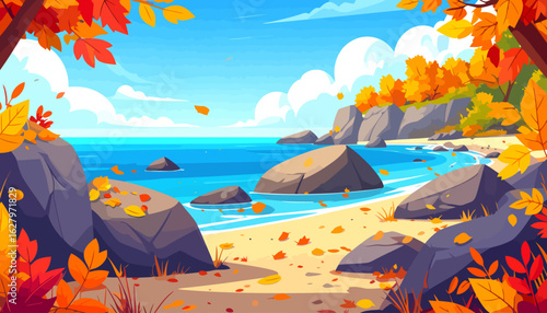 Scenic autumn beach landscape with vibrant orange foliage, blue ocean, and rocky shores in a flat vector style.
