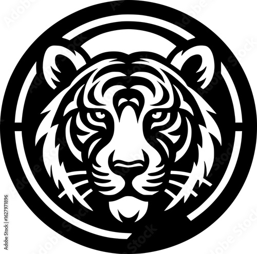 Minimalist black and white tiger face icon with clean lines. Geometric and bold, perfect for logos, stickers, or digital applications.