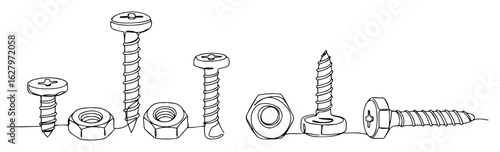 screws and bolts set vector line illustration