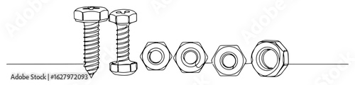 bolts and hex nuts vector line drawing