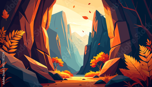 Vibrant autumn canyon landscape with falling leaves and warm, golden sunlight in a stylized, geometric art style.