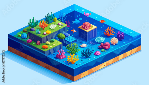 Isometric 3D cross-section of a vibrant ocean ecosystem with colorful coral reefs, marine plants, and fish.