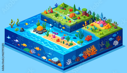 Vibrant isometric diorama of a water and land cross-section with colorful fish and coral reefs.