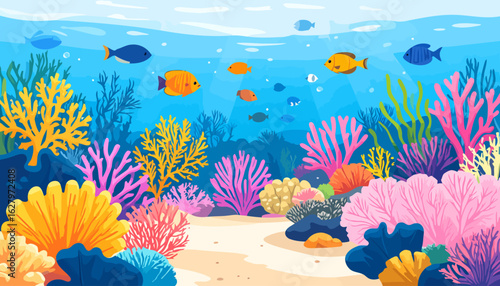 Vibrant underwater world illustration with a colorful coral reef, seaweed, and swimming tropical fish.