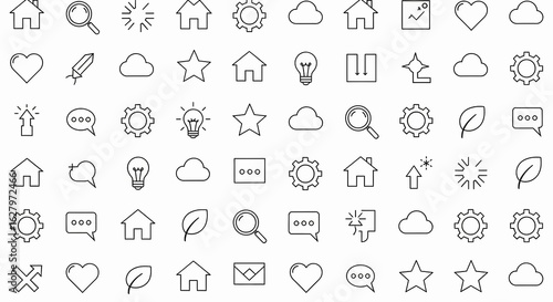 Collection of basic line icons on a white background, a vector set featuring symbols like a heart, house, chat bubble, settings gear, and magnifying glass, perfect for interface design.