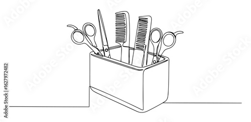 continuous one line drawing of hairdresser tools in a holder salon equipment vector sketch
