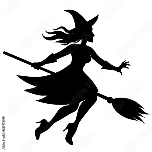 Black silhouette of a witch flying on a broomstick