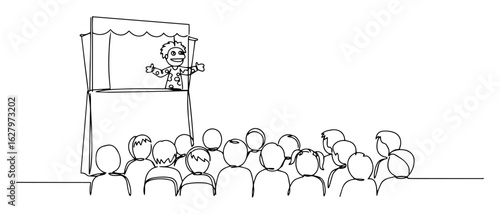 continuous one line drawing of a puppet show with an audience of children vector design