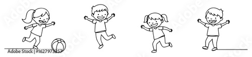 single one line drawing of happy playing and jumping children vector set