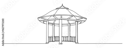continuous one line drawing of a wooden park gazebo landscape element vector lineart