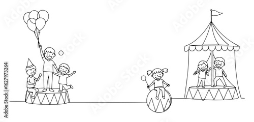 continuous one line drawing of kids at the circus funfair vector set lineart