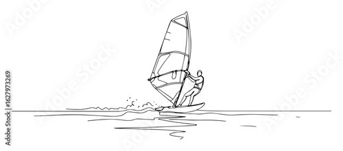one continuous line drawing of a man windsurfing on the ocean waves vector